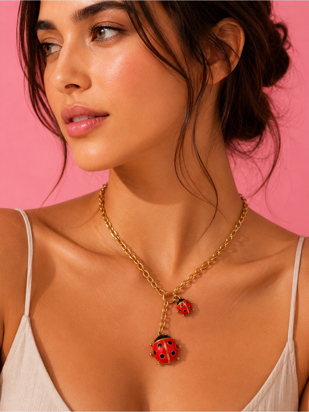 Red Ladybug Charms Luck Gold Necklace